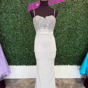 Elegant Gray Lace Evening Gown by Portia & Scarlett